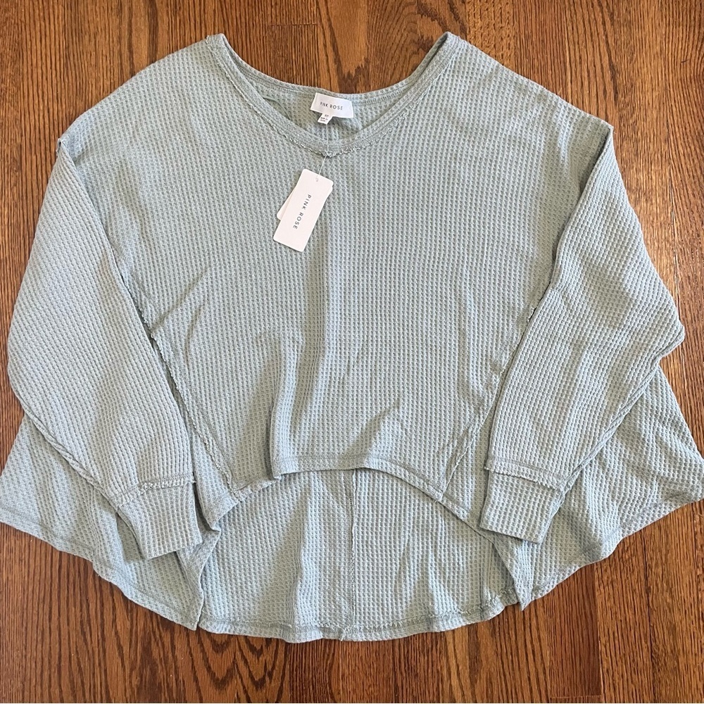 Pink Rose Mint Green Oversized Waffled Long Sleeve Top Size XS, NWT
